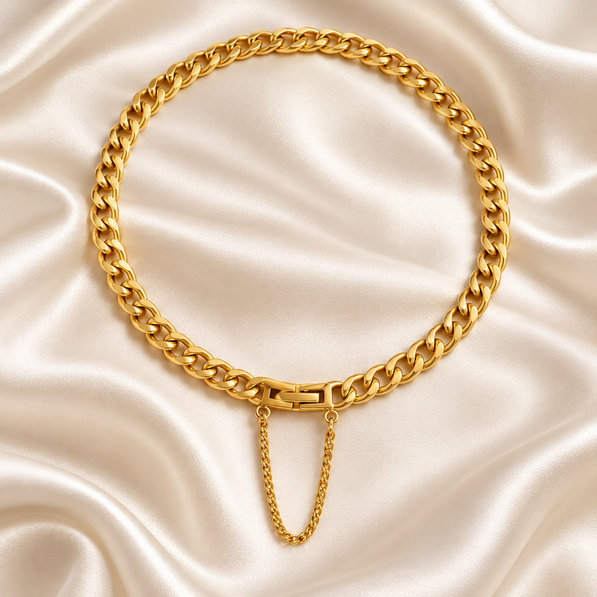 Bold Gold Curb Chain Necklace with Safety Chain Detail
