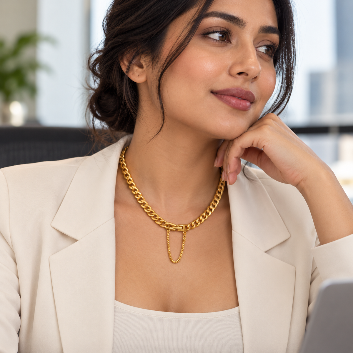 Bold Gold Curb Chain Necklace with Safety Chain Detail