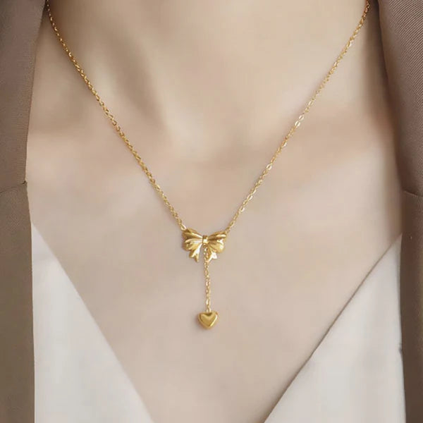 "Heart Themed Bow inspired Pendant" Necklace- 18K Premium Gold Plated