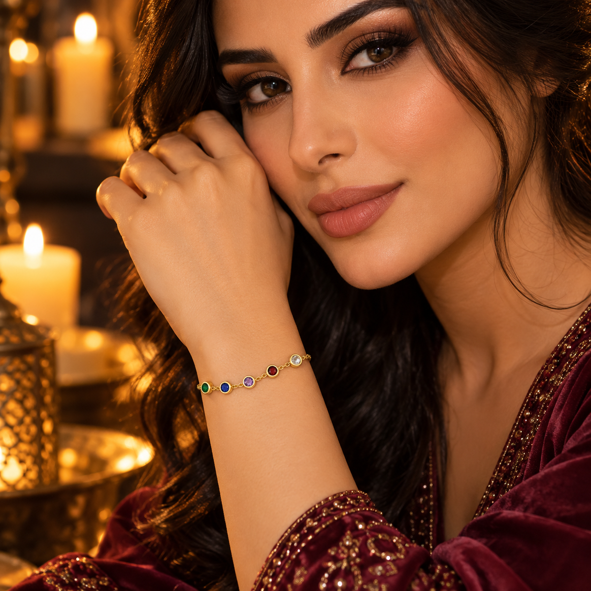 Multicolor Stone Gold-Plated Chain Bracelet
