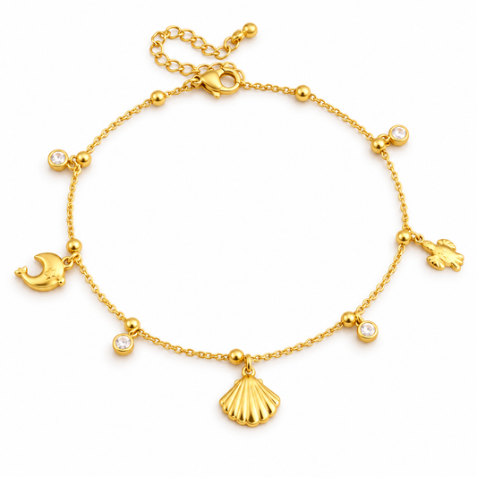 Ocean Charm Gold Anklet – Seashell, Moon & Pearl Accents