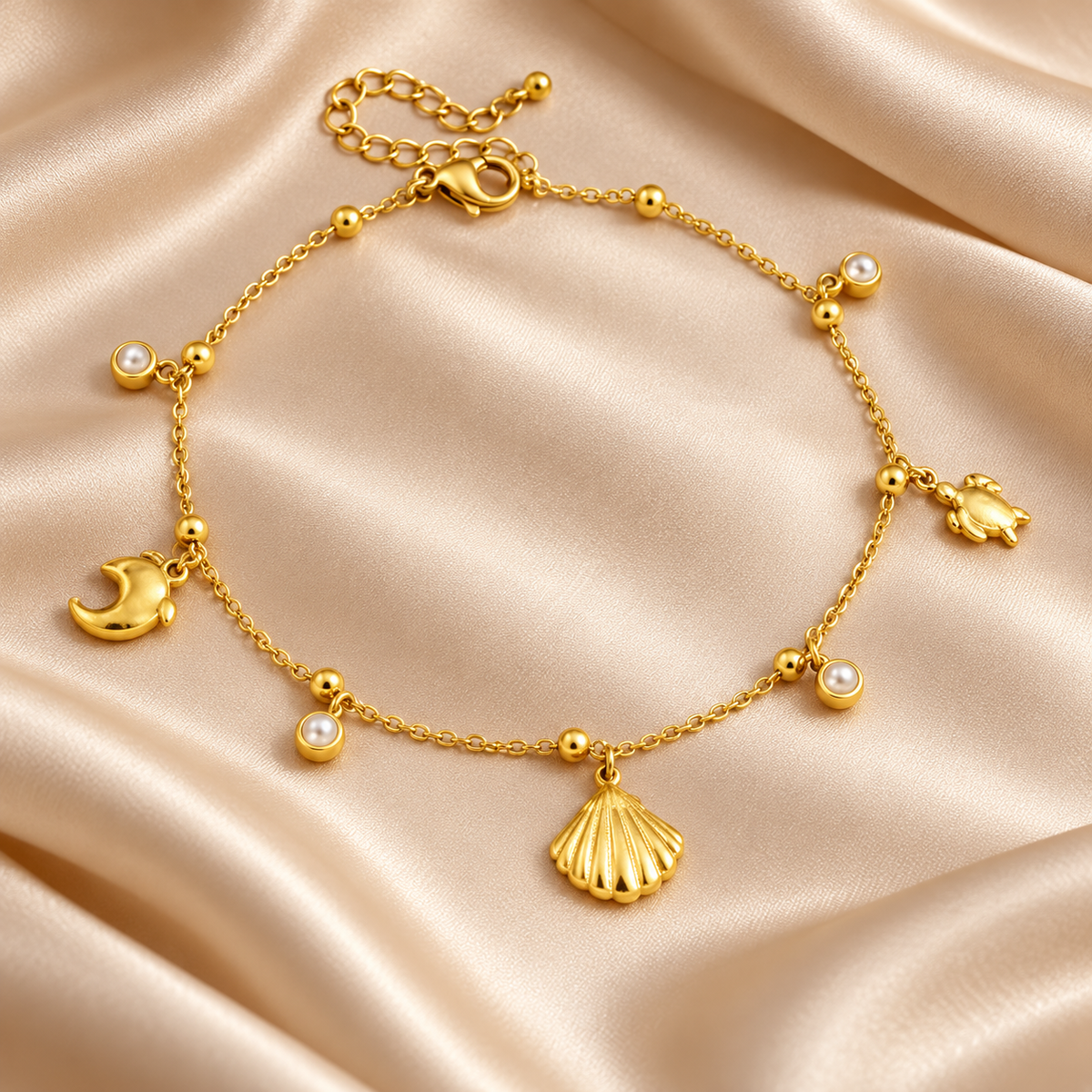 Ocean Charm Gold Anklet – Seashell, Moon &amp; Pearl Accents