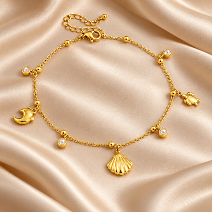 Ocean Charm Gold Anklet – Seashell, Moon &amp; Pearl Accents