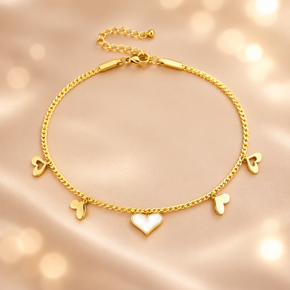 Amora Heart Charm Gold Anklet – White Heart &amp; Dainty Gold Charms