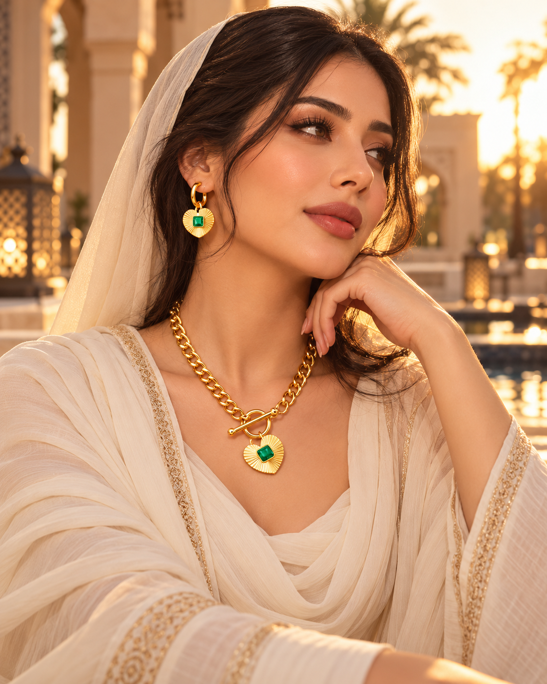 Emerald Heart Pendant Necklace & Earrings Set