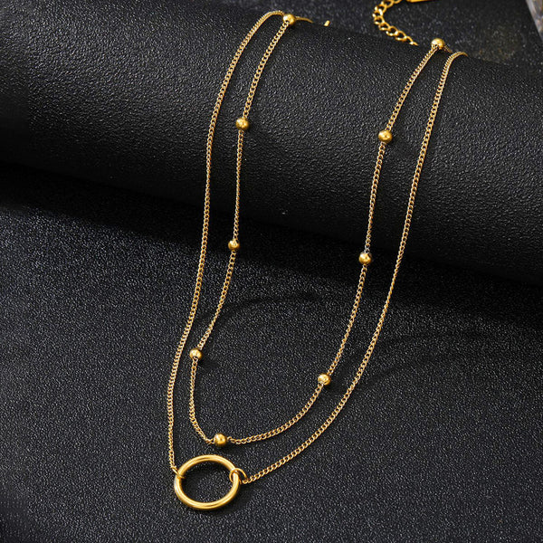 "Dual Layered Chain Hoop Pendant" Necklace- 18K Premium Gold Plated