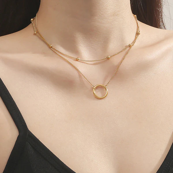 "Dual Layered Chain Hoop Pendant" Necklace- 18K Premium Gold Plated
