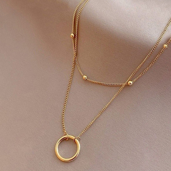 "Dual Layered Chain Hoop Pendant" Necklace- 18K Premium Gold Plated