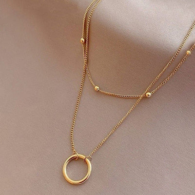 "Dual Layered Chain Hoop Pendant" Necklace- 18K Premium Gold Plated