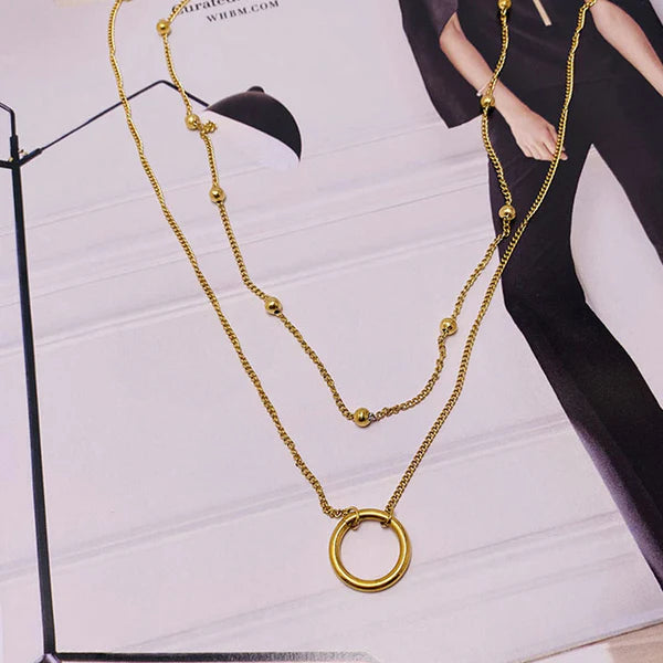 "Dual Layered Chain Hoop Pendant" Necklace- 18K Premium Gold Plated