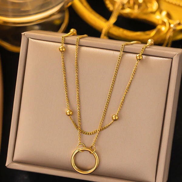 "Dual Layered Chain Hoop Pendant" Necklace- 18K Premium Gold Plated