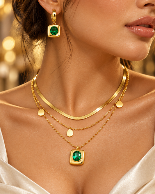 Aveline Emerald-Tone Gold Necklace & Earrings Set