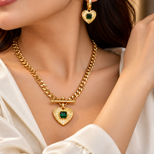 Emerald Heart Pendant Necklace & Earrings Set