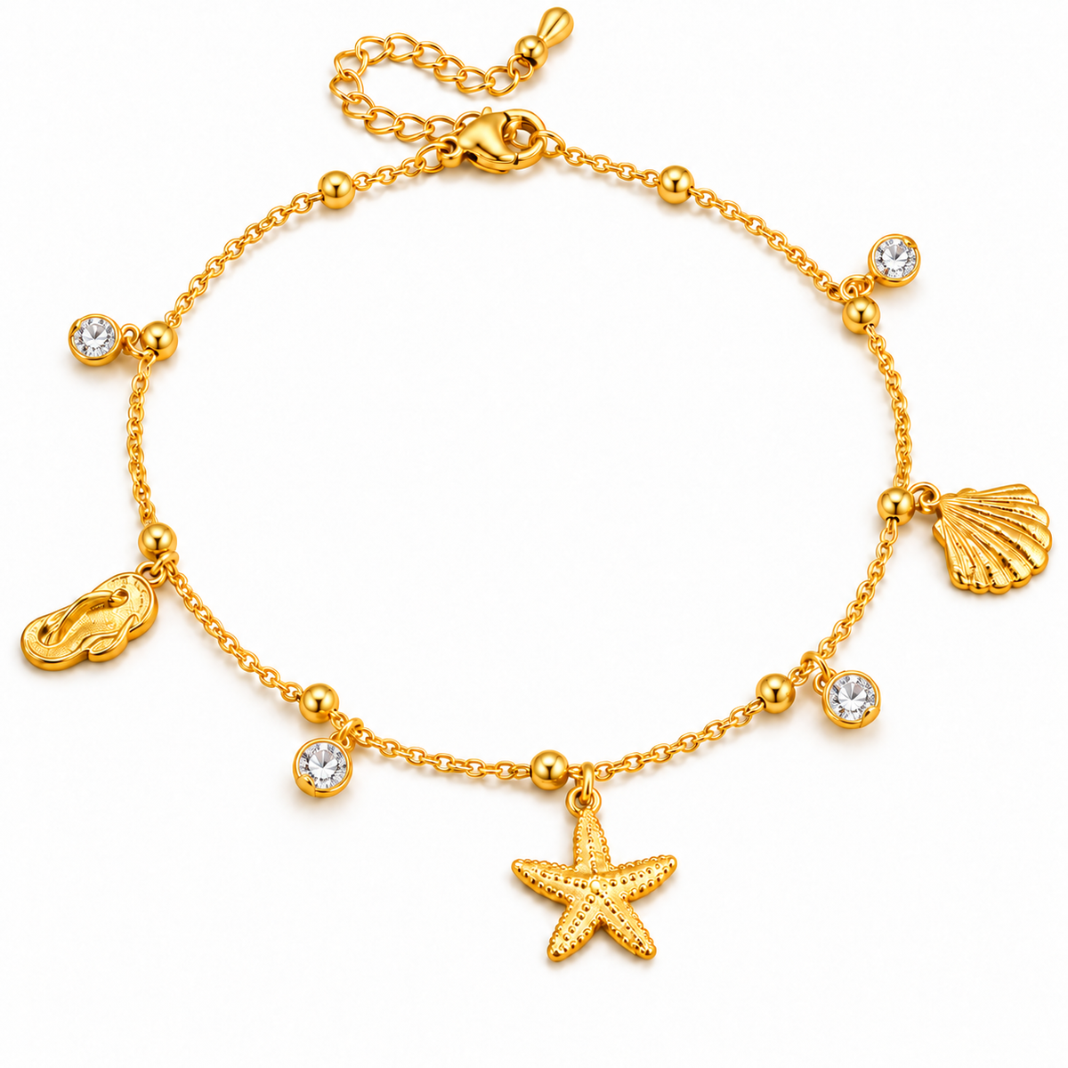 Seaside Star Charm Gold Anklet – Starfish, Shell &amp; Diamond Accents