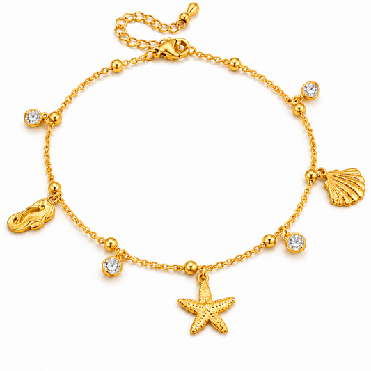 Seaside Star Charm Gold Anklet – Starfish, Shell & Diamond Accents