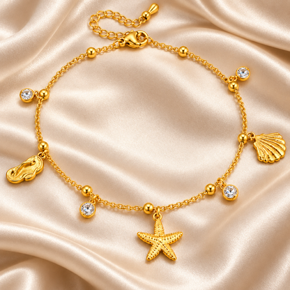 Seaside Star Charm Gold Anklet – Starfish, Shell &amp; Diamond Accents