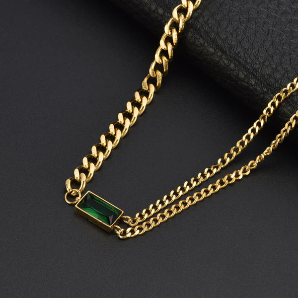 "Green Geometric Pendant" Necklace- 18K Premium Gold Plated