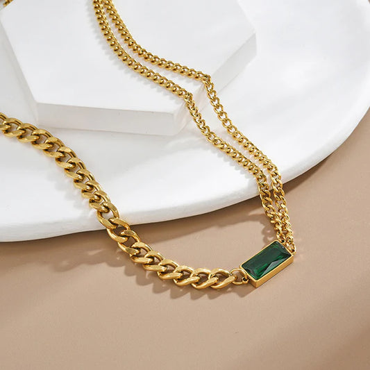 "Green Geometric Pendant" Necklace – 18K Premium Gold Plated