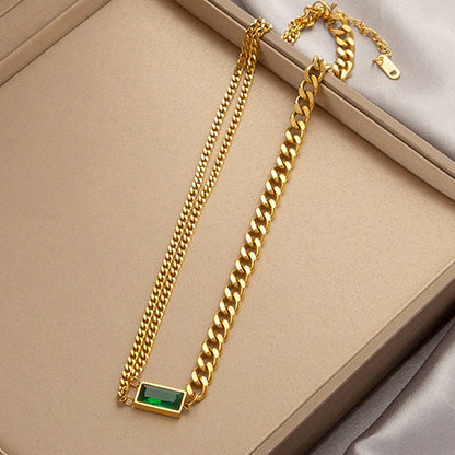 "Green Geometric Pendant" Necklace- 18K Premium Gold Plated