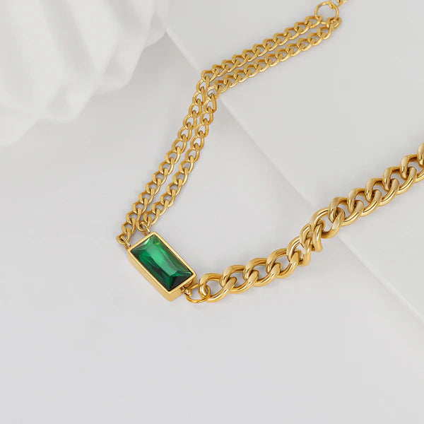 "Green Geometric Pendant" Necklace- 18K Premium Gold Plated