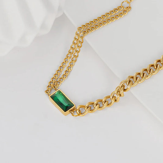 "Green Geometric Pendant" Necklace – 18K Premium Gold Plated