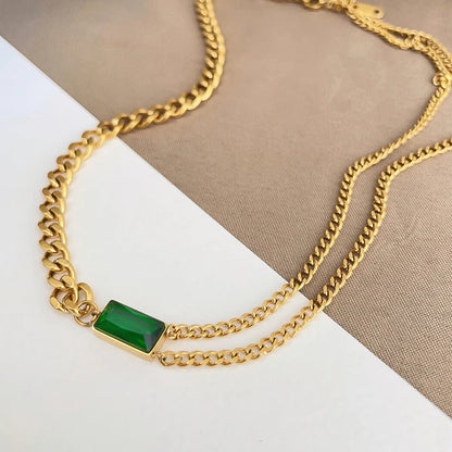 "Green Geometric Pendant" Necklace- 18K Premium Gold Plated