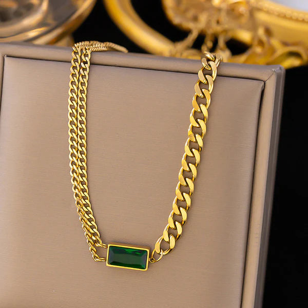 "Green Geometric Pendant" Necklace- 18K Premium Gold Plated