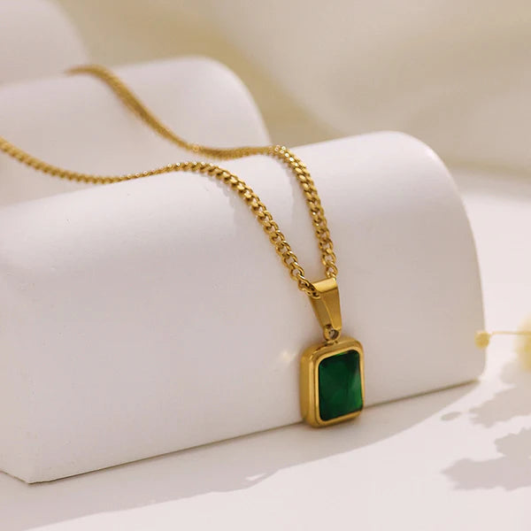 "Green Geometric Pendant" Necklace- 18K Premium Gold Plated