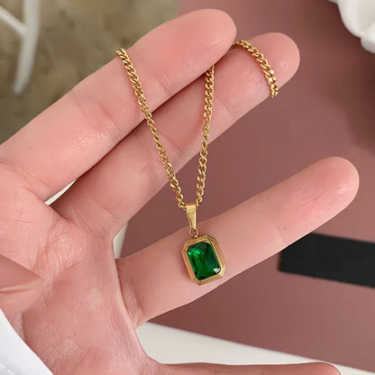 "Green Geometric Pendant" Necklace- 18K Premium Gold Plated