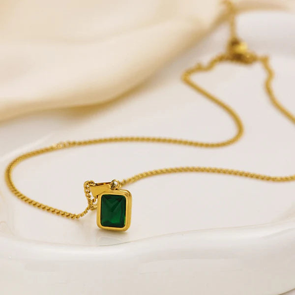 "Green Geometric Pendant" Necklace- 18K Premium Gold Plated