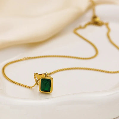 "Green Geometric Pendant" Necklace- 18K Premium Gold Plated