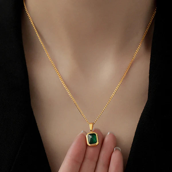 "Green Geometric Pendant" Necklace- 18K Premium Gold Plated