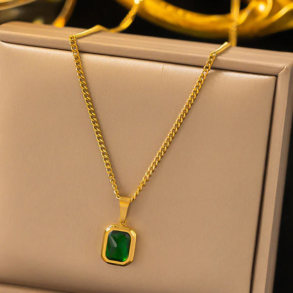 "Green Geometric Pendant" Necklace- 18K Premium Gold Plated