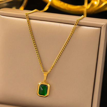 "Green Geometric Pendant" Necklace- 18K Premium Gold Plated