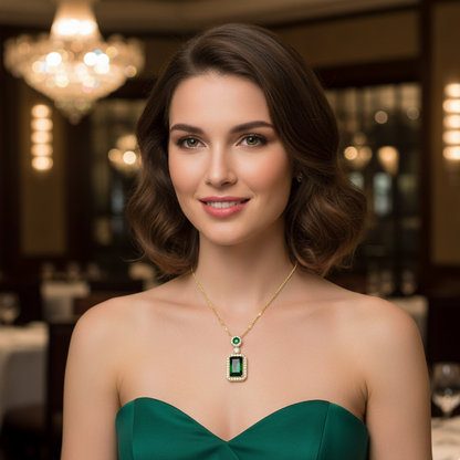 “Green Diamond Square” Necklace – 18K Gold Charm