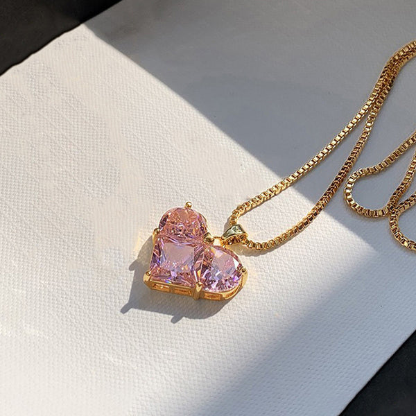 "Pink Heart Themed CZ Pendant" Necklace- 18K Premium Gold Plated