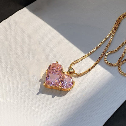 "Pink Heart Themed CZ Pendant" Necklace- 18K Premium Gold Plated