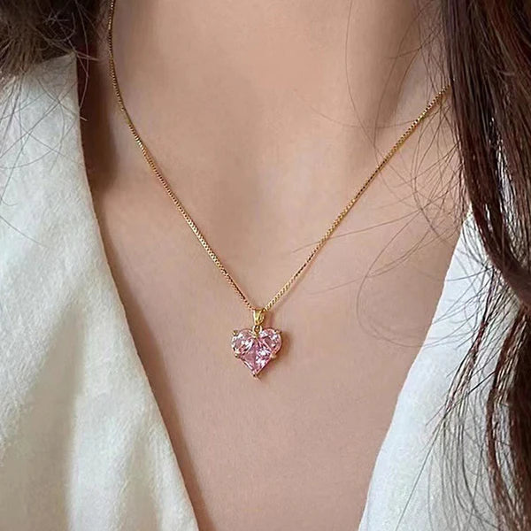 "Pink Heart Themed CZ Pendant" Necklace- 18K Premium Gold Plated