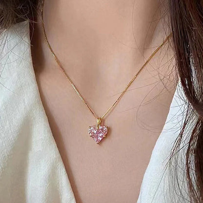 "Pink Heart Themed CZ Pendant" Necklace- 18K Premium Gold Plated