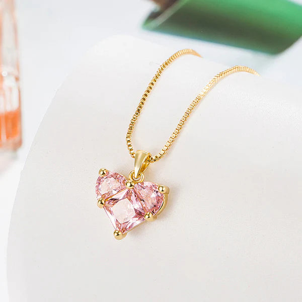 "Pink Heart Themed CZ Pendant" Necklace- 18K Premium Gold Plated