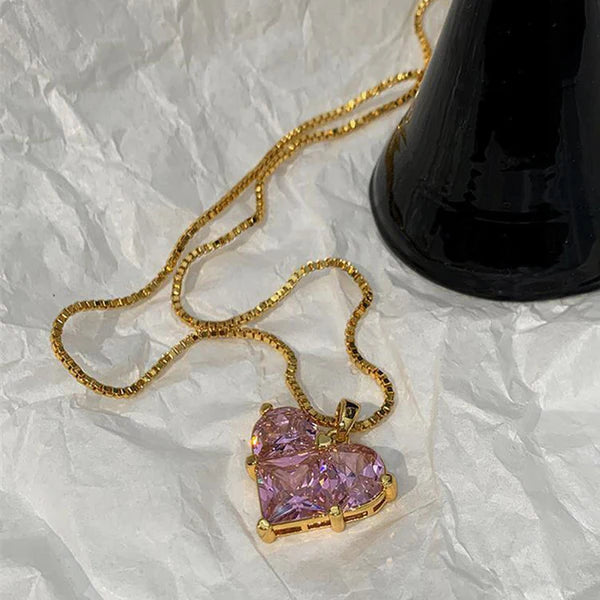 "Pink Heart Themed CZ Pendant" Necklace- 18K Premium Gold Plated