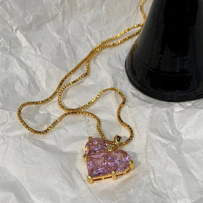 "Pink Heart Themed CZ Pendant" Necklace- 18K Premium Gold Plated