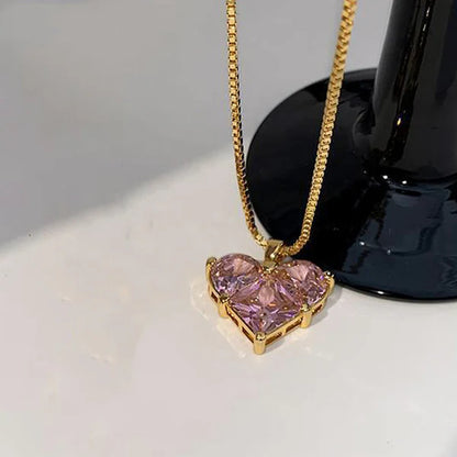 "Pink Heart Themed CZ Pendant" Necklace- 18K Premium Gold Plated