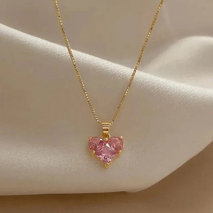 "Pink Heart Themed CZ Pendant" Necklace- 18K Premium Gold Plated
