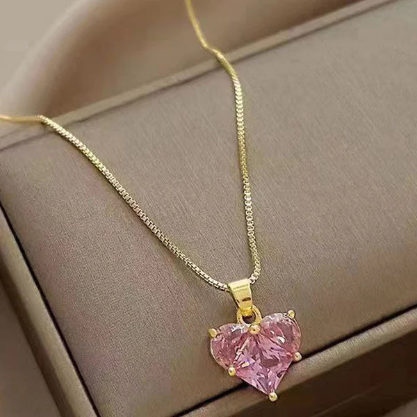 "Pink Heart Themed CZ Pendant" Necklace- 18K Premium Gold Plated