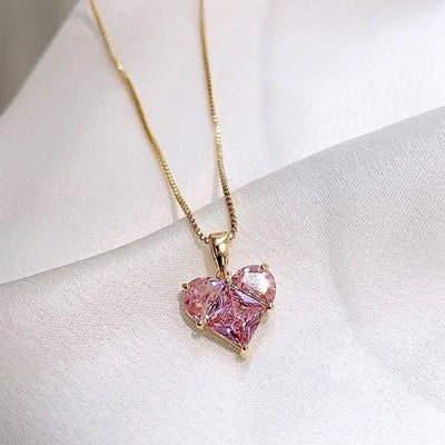 "Pink Heart Themed CZ Pendant" Necklace- 18K Premium Gold Plated