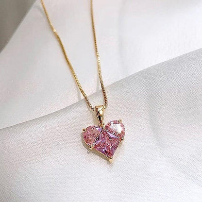 "Pink Heart Themed CZ Pendant" Necklace- 18K Premium Gold Plated