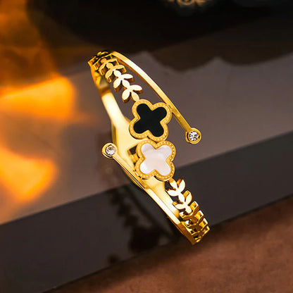 "Mother of Pearls Two Clover Leaf Irish Design" Bracelet- 18K Premium Gold Plated