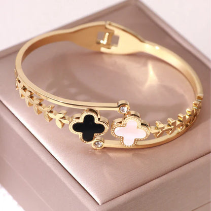 "Mother of Pearls Two Clover Leaf Irish Design" Bracelet- 18K Premium Gold Plated