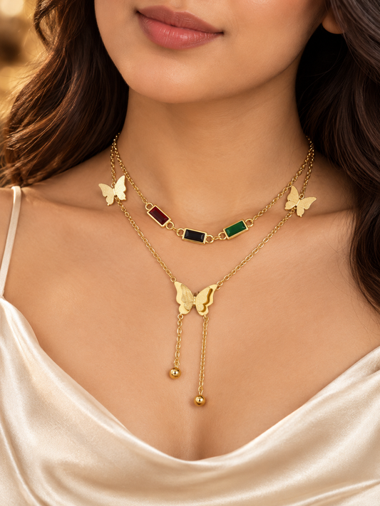 Multicolour Stone Butterfly Layered Gold-Plated Necklace